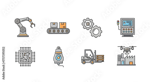 Industrial automation icons set featuring robot arm conveyor gears forklift and production elements vector