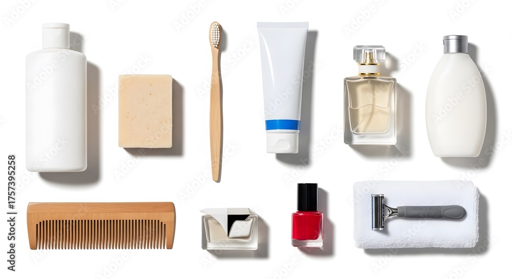 Obraz premium Overhead view of bathroom essentials on a white background including toiletries and grooming items