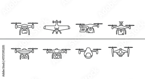 Collection of diverse drone aircraft silhouettes and line art designs for technology and aviation concepts vector