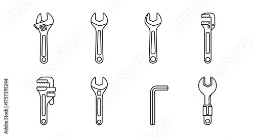 Set of assorted wrenches and tools line drawing for mechanical or diy projects vector