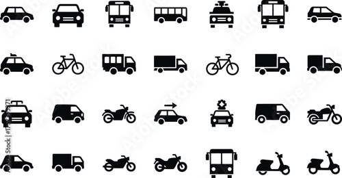 Collection of diverse transportation vehicle icons including cars buses trucks motorcycles and scooters isolated on transparent background