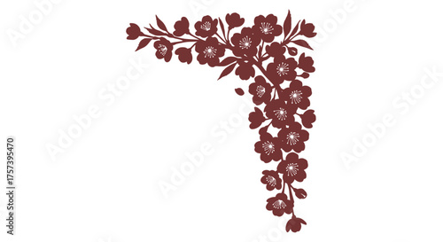 Delicate floral corner element with deep red blossoms and green leaves adorning a white surface silhouette