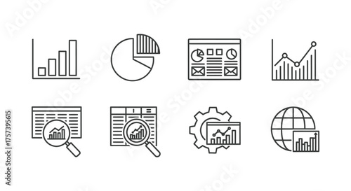 Collection of business and data analysis icons representing growth trends and financial reports vector
