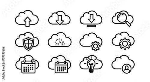 Cloud computing icons set showing upload download security data storage calendar lightbulb and user vector