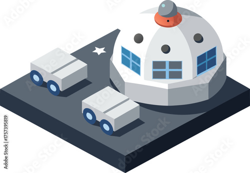 Isometric lunar transport base future space station hub vector illustration
