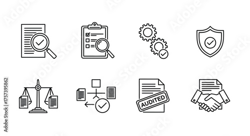 Collection of business and legal icons representing audit compliance regulation strategy and agreement vector