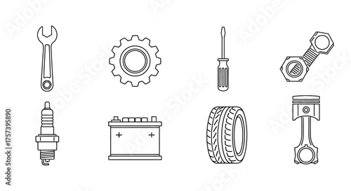 Collection of auto parts and tools for mechanical repairs and automotive maintenance vector