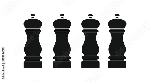 Four silhouette black pepper grinders and salt shakers ready for kitchen use and culinary creations silhouette