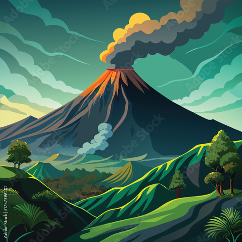 Volcano eruption landscape illustration