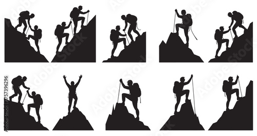 Silhouettes of hikers reaching mountain summits with backpacks and climbing gear