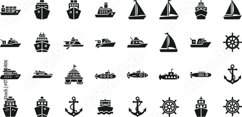 Collection of diverse nautical vessel icons and symbols including ships boats submarines and anchors isolated on transparent background