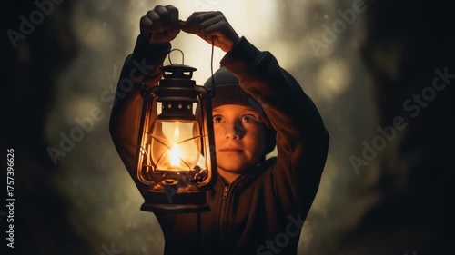 Curious child holding lantern illuminates dark forest path in magical evening exploration