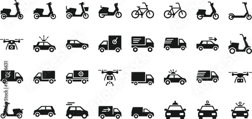 Collection of various transportation and delivery vehicle icons including scooters cars drones and trucks isolated on transparent background