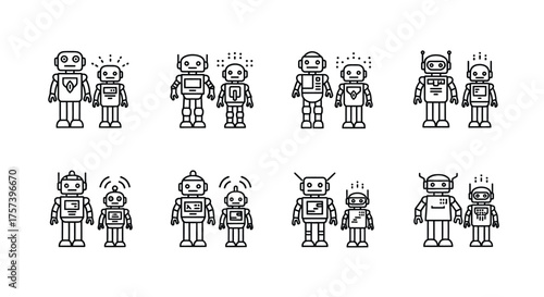 Collection of robot family icons isolated on white background for web