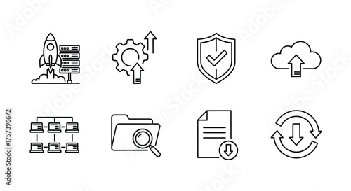 Cloud service and data management line icons isolated on white background