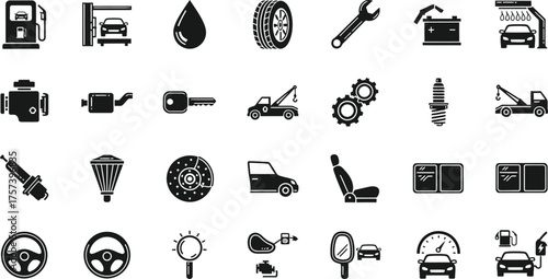 Collection of automotive service and repair icons representing car maintenance and vehicle care isolated on transparent background