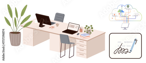 Office desk with laptops, chairs, potted plant, digital connectivity diagram, and signing document concept. Ideal for remote work, productivity, technology, networking digital workflow e-signature