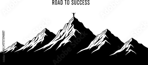 Road to Success Silhouette: Climber Reaching Mountain Summit for Business Goal Achievement