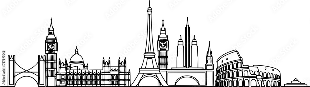 Fototapeta premium Time Warp Minimalist Skyline Silhouette: Continuous Line European Architecture Vector