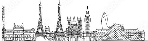 Time Warp Minimalist Skyline Silhouette: Continuous Line European Architecture Vector