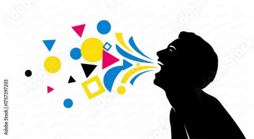 Levity and Laughter Silhouette: Person Laughing with Playful Abstract Geometric Sound Waves