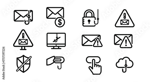 Set of phishing email icons isolated on white background in line style