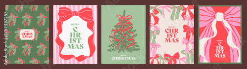 Hand drawn cards set of Merry Christmas and Happy New Year. Vintage concept with gift bows, Christmas tree and branch. Minimalist trendy design for poster, cover, social media, banner, invitation