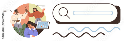 Business team celebrating progress, charts showing growth, search bar symbolizing discovery. Ideal for teamwork, collaboration, innovation, productivity, leadership analytics communication. A