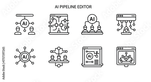 Ai pipeline editor icons isolated on white background, around 70 characters