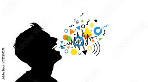 Levity and Laughter Silhouette: Person Laughing with Playful Abstract Geometric Sound Waves