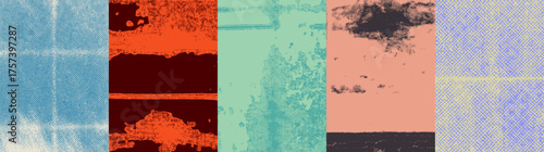 Vector illustration in retro pop-art style with textured abstract posters. The design features blue, red, teal, peach, and purple tones with halftone dots, grunge, and crosshatch patterns.