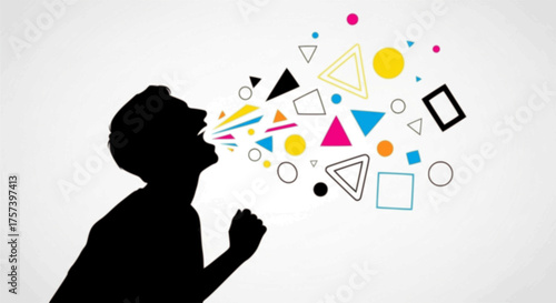 Levity and Laughter Silhouette: Person Laughing with Playful Abstract Geometric Sound Waves