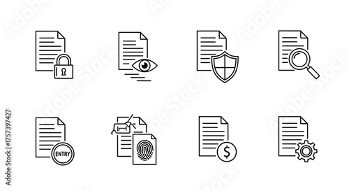 Set of outline document icons representing security privacy protection search and finance concepts vector