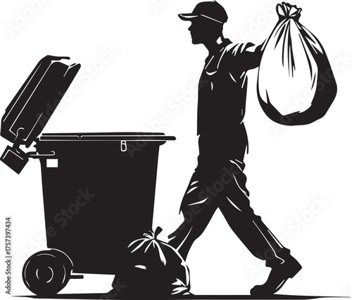 Sanitation worker disposing garbage bags near bin, black and white vector illustration for public service themes