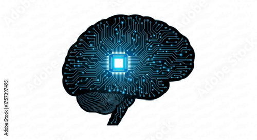 AI Data Processing Silhouette: Futuristic Human Brain with Circuits and Glowing Microchip Vector