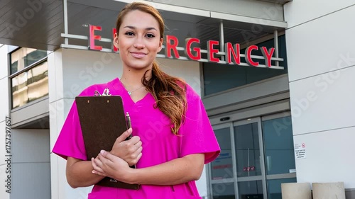 AI generated video clip of a young female Hispanic nurse with a friendly smile standing outside the entrance to a hospital Emergency Room