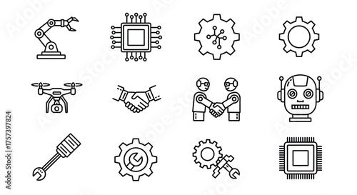 Modern technology icon set featuring robotics automation engineering and ai concepts for digital design vector