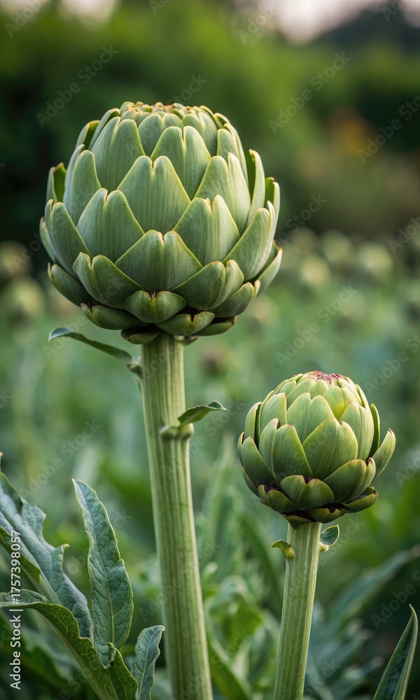 Fototapeta premium Two Fresh Green Artichoke Buds Growing in a Vibrant Field Under Soft Natural Light