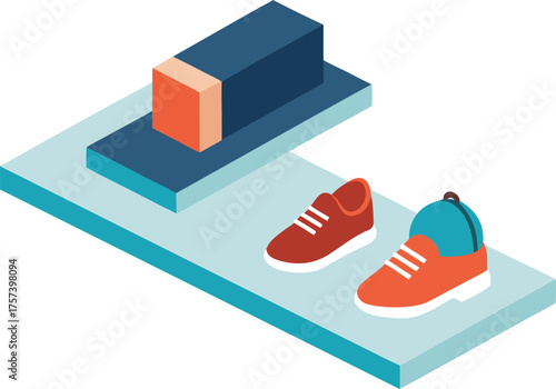Isometric vector illustration of sneakers and hat displayed on a modern shelf