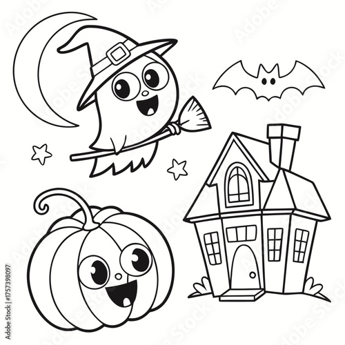 Halloween Coloring Page  Cute Pumpkin, Ghost, Witch, Bat & Haunted House coloring page