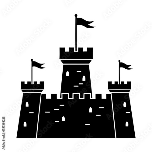 Flat Design Medieval Castle Silhouette Icon with Towers and Flags