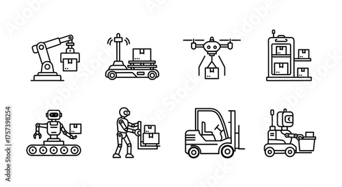Modern logistics and warehouse automation icons showing robots forklifts drones and conveyor systems vector