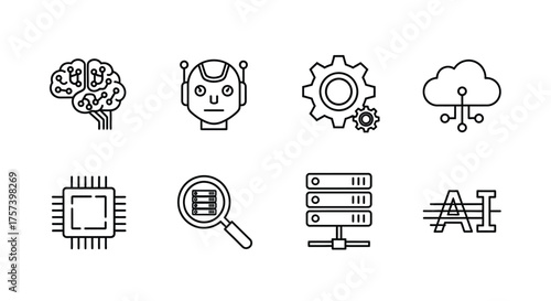 Artificial intelligence icons representing neural networks machine learning data science robotics and technology concepts vector