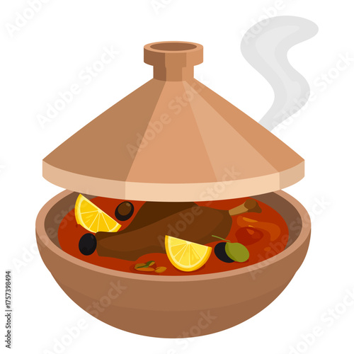 Flat Vector Illustration of Steaming Tagine with Chicken, Lemon, and Olives