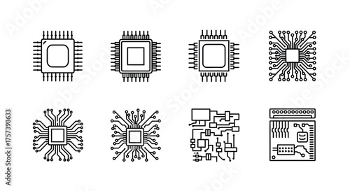 Collection of hand drawn computer microchip icons and circuit board elements for technology design vector