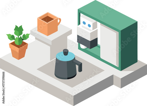 Isometric kitchen counter vector illustration coffee maker kettle plant and mug scalable eps graphic