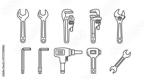 Collection of assorted hand tools including wrenches pliers and power drill sketch style isolated vector