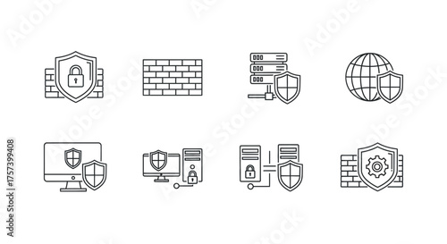 Cybersecurity icons representing firewalls network security data protection and global connectivity vector