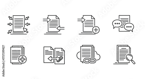 Document icons set representing various data management and communication processes vector