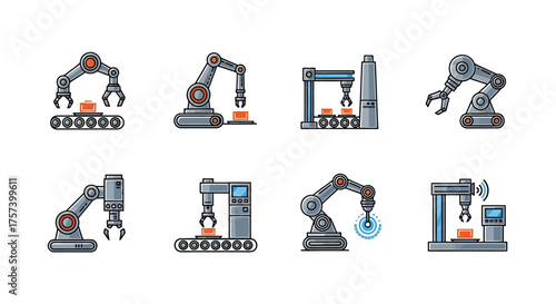 Set of industrial robotic arms performing assembly and manufacturing tasks in factories vector
